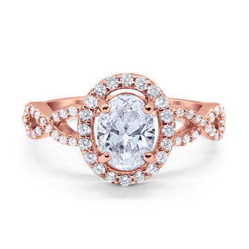 Art Deco Halo Wedding Ring Oval Rose Tone, Simulated Cubic Zirconia 925 Sterling Silver